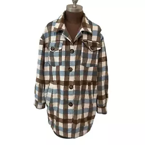 C & C California Plaid Flannel Shacket Jacket Oversized Blue Brown Size Medium - Picture 1 of 5