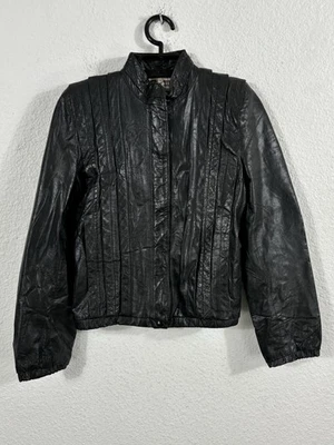 Chaqueta de cuero vintage G-iii para mujer XS negra cuello alto cremallera plisada moto Foto 1 de 4