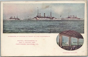 NAVI DA GUERRA nella FRONTE dell'HOTEL CHAMBERLIN FORTRESS MONROE VA CARTOLINA ANTICA - Foto 1 di 2