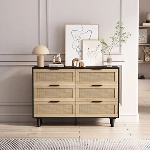 43.31" 6-Drawer Rattan Storage Cabinet for Bedroom/Living Room, Black - Picture 1 of 10