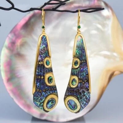 Dragonfly Wing Earrings Abalone Carving Gold Vermeil Sterling Emerald 11.37 g - Image 1 of 4