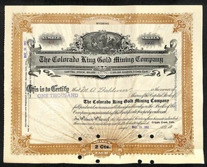 Colorado King Gold Mining Co. 1912 Aktienzertifikat mit L.G. Carlton Sig. #49 - Bild 1 von 2