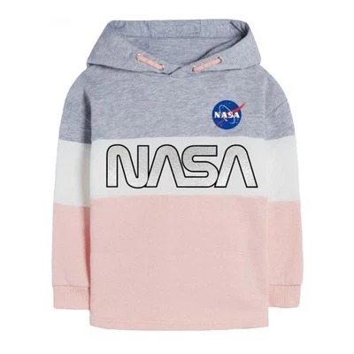 E PLUS M SP. Z O.O. Mädchen-Sweatshirt mit silbernem NASA-Schriftzug | Grau-Weiß-Rosa gestreift