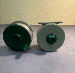 2 Vintage Berkley 500 Plastic Fly Fishing Reels Green - Picture 1 of 10