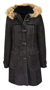 Womens Sheepskin Duffle Coat 3/4 Length Detachable Hooded Parka Beth Dark Brown - Picture 1 of 8