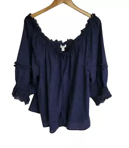 Charter Club Macy's Navy Blue Cotton Eyelet Off The Shoulder Boho Top XXL NWT - Picture 1 of 5