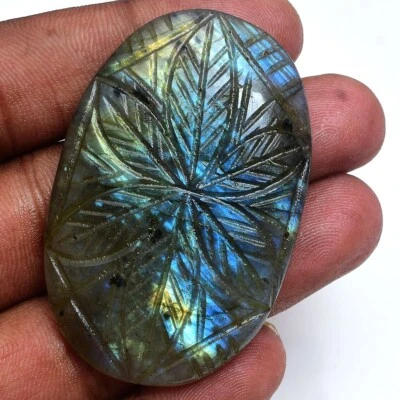 128 Cts Natural Labradorite 54mmx35mm Oval Hand Carving Flashy Loose Gemstone - Image 1 of 4