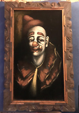 Peinture clown vintage sur velours noir dans cadre sculpté-24x15"