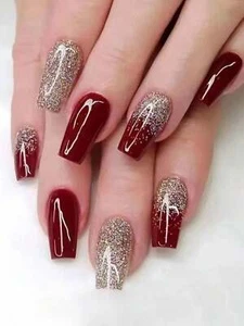 24pcs Long Coffin Red Glitter Fake Nail False Nails Press On Nails Glue On Nails - Picture 1 of 6