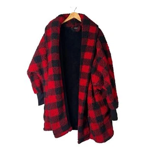 A521465 BUMBLEBELLA by Jill Martin Sherpa Shawl Collar Red Black Check M / L - Picture 1 of 6