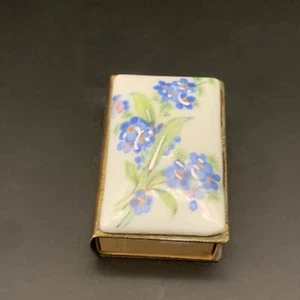 Vintage Matchbox Holder Brass Porcelain Hand Painted Bouquet Flowers La Barque - Picture 1 of 14