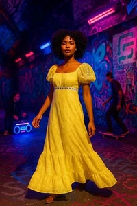 VTG 1960's Small/XS handmade Empire waist lace maxi dress Yellow Puff sl Cottage - Picture 1 of 16