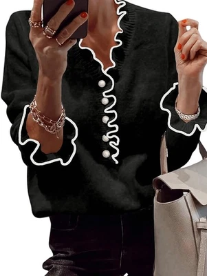 Female'S  Beaded Long Sleeve Sweater V Neck Ruffle Trim Knitted Pullover2752 - image 1 of 4