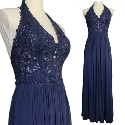 Sherri Hill Blue Open Back Halter Neck Lace Bridesmaid Cocktail Party Dress Sz 4 - Image 1 of 4