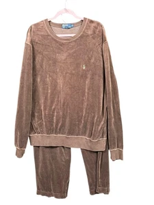 Polo Ralph Lauren Velour Sweat Set Mens XL Top L Pants Brown Crewneck Pony Logo - Picture 1 of 17