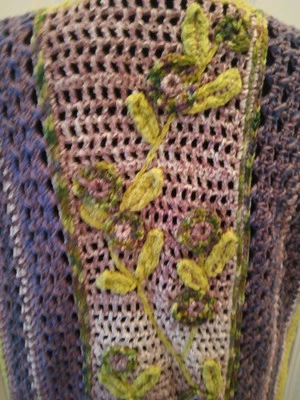Hand crocheted vest green purple sleeveless open front floral BOHO S M #3 - Image 1 of 4