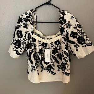 NUEVO CON ETIQUETAS BLUSA PSOPHIA negra y marfil bordada manga abullonada cuello cuadrado talla M - Imagen 1 de 9