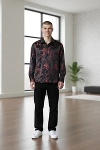 Camisa Summit Para Hombres Abotonada Negra Roja Flor de Seda Pequeña Fiesta Club Brillante - Imagen 1 de 8