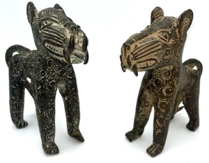 PAIR of Benin Leopard Bronze Sculptures 6" Nigerian African Tribal Art Tail Down - Picture 1 of 23