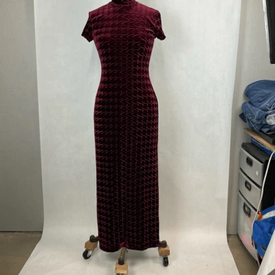 Luly K 长连衣裙 M 码勃艮第模拟领短袖半正式派对优雅 — 第 1/4 张图片