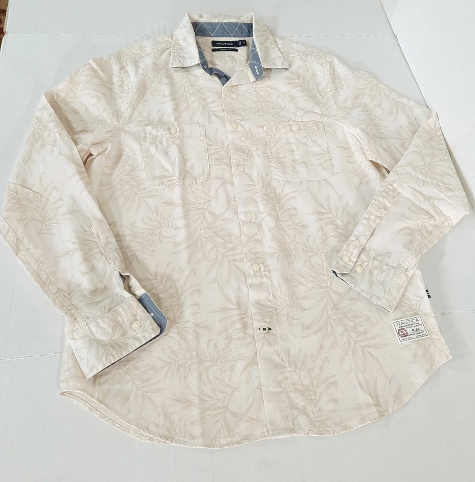 Nautica Classic LS Flip Cuffs Bamboo Leaf Print Button Down Shirt Men M Runs Big - Image 1 of 4