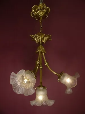 CHANDELIER ANTIQUE ART NOUVEAU LIGHT BRASS 4 LAMP SATINED GLASS  c. 1920 Ø16" - Image 1 of 4