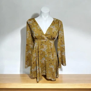 Free People Brown Floral Blouse V Neck Long Sleeve Empire Waist Small New - Picture 1 of 14