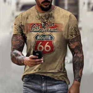 Brown Men Route66 Letter T Shirts Vintage Short Sleeve America - Picture 1 of 3