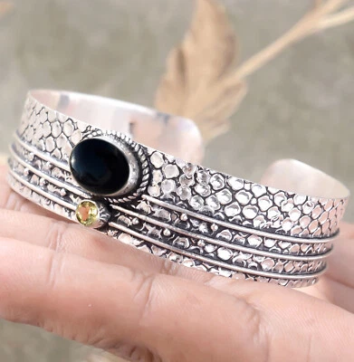 Big Black Onyx & Citrine Cut Gemstone 925 Sterling Silver Occasion Wear Bangle - Image 1 of 4