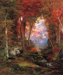 Large Oil painting Thomas Moran - The Autumnal Woods man Under the Trees canvas - Picture 1 of 1