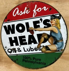 Wolfs Head Oil & Lubes Pin Up Aluminum Distressed Looking Metal Sign 12" - Picture 1 of 1