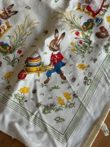A DAY IN THE LIFE OF THE EASTER BUNNY VINTAGE GERMAN SPRING PRINT TABLECLOTH 26" - Picture 1 of 5