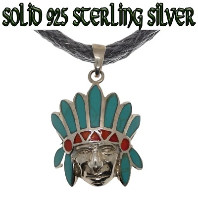 Capo Copricapo Ciondolo 925 Argento Sterling Massiccio Turchese E Corallo Piume - Immagine 1 di 4