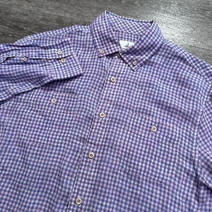 Johnnie-O Shirt Mens Medium 100% Linen Purple Gingham Hangin Out Button Preppy - Picture 1 of 9
