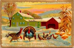 Postal Buena Antigua Escena de Granja de Acción de Gracias Casa de Pavos en Relieve - Imagen 1 de 2