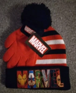 MARVEL BOYS Black, Red & White Stripped HAT & GLOVES New - Picture 1 of 7
