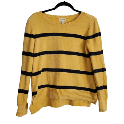 Maison Jules yellow blue stipe sweater long sleeved chenille like texture med - Image 1 of 4