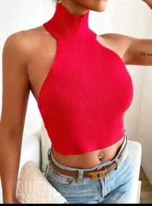 Zara Open Back Top - SUÉTER TEJIDO TOP ROJO TALLA PEQUEÑA - Imagen 1 de 5