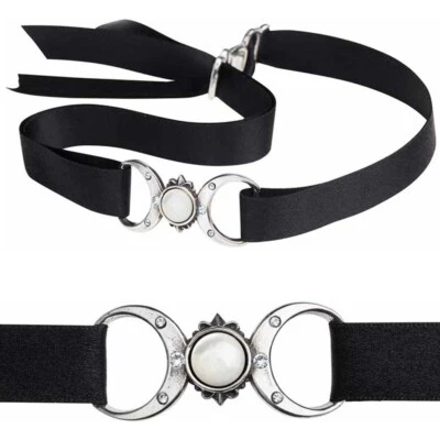 Alchemy Gothic Triple Goddess Ribbon Choker Crescent Moons Wiccan Necklace P810 - Image 1 of 4