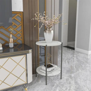 Round Modern Side Accent End Table with Metal Legs Marble Top for Living Bedroom - Picture 1 of 20