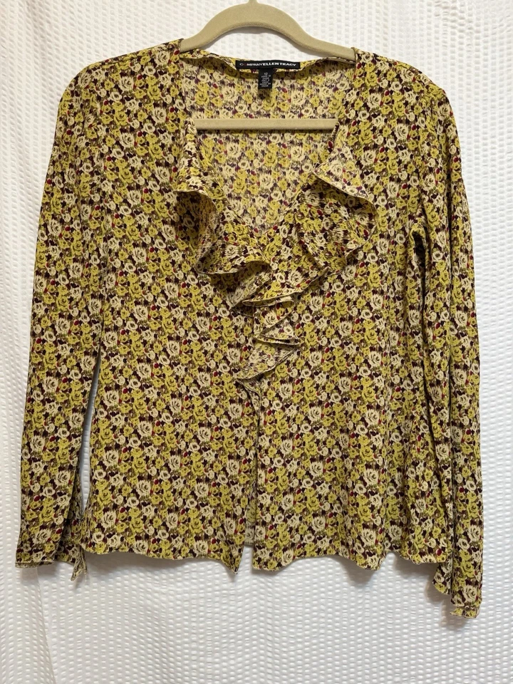 Ellen Tracy 100% 真丝花卉长袖荷叶领衬衫,12 码 — 第 1/4 张图片