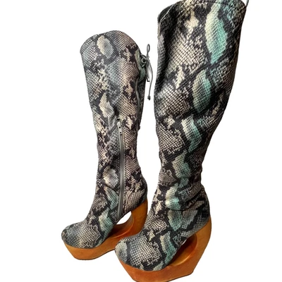 Jeffrey Campbell Rockferry Boots Size 7 Blue Snakeskin Brown Platform Knee High - Image 1 of 4
