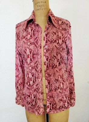 Vintage 70s Women's Polyester Disco Button Shirt Size Medium Snake Skin AOP - Image 1 of 4