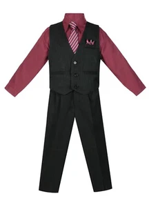 BOYS STRIPED FORMAL VEST 5PC SET SOFT Solid VEST PANT SHIRT TIE POCKET SQ V-1688 - Picture 1 of 20