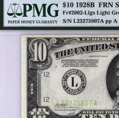 PMG64 1928 10$ Serial on Signature Misalignment Error Green Yellow Seal 5807A - Image 1 of 4