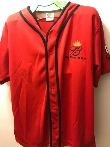 Rare Budweiser Dale Earnhardt Jr. Mens Size L Short Sleeve Button Up Red Jersey Cover