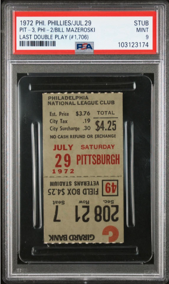 1972 Bill Mazeroski's last Double Play MLB 2B record ticket stub - PSA 9 MINT! - Image 1 of 1