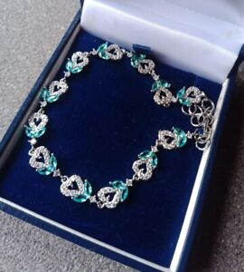 Beautiful Floral Tennis Bracelet Blue & Clear Crystals Heart Shaped Flowers Long