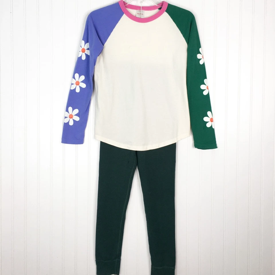 Hanna Andersson Girls 2 Piece Pajama Lounge Set Colorblock Green Daisy Cotton 12 - Image 1 of 4