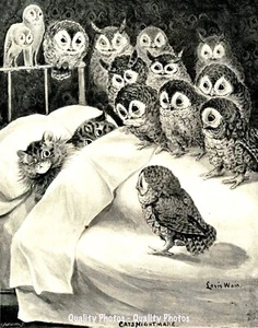 Cats In Bed Owls Nightmare Bird 8.5x11" Photo Print Louis Wain Feline Animal Art - Picture 1 of 2